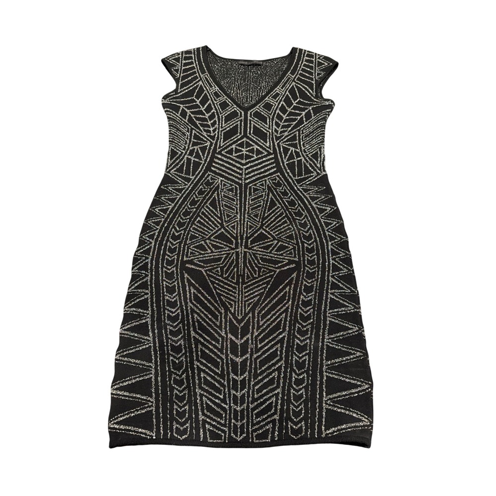 RVN Abstract Jacquard Mini Dress Black Silver Metallic V-Neck Bodycon Small - Picture 3 of 11